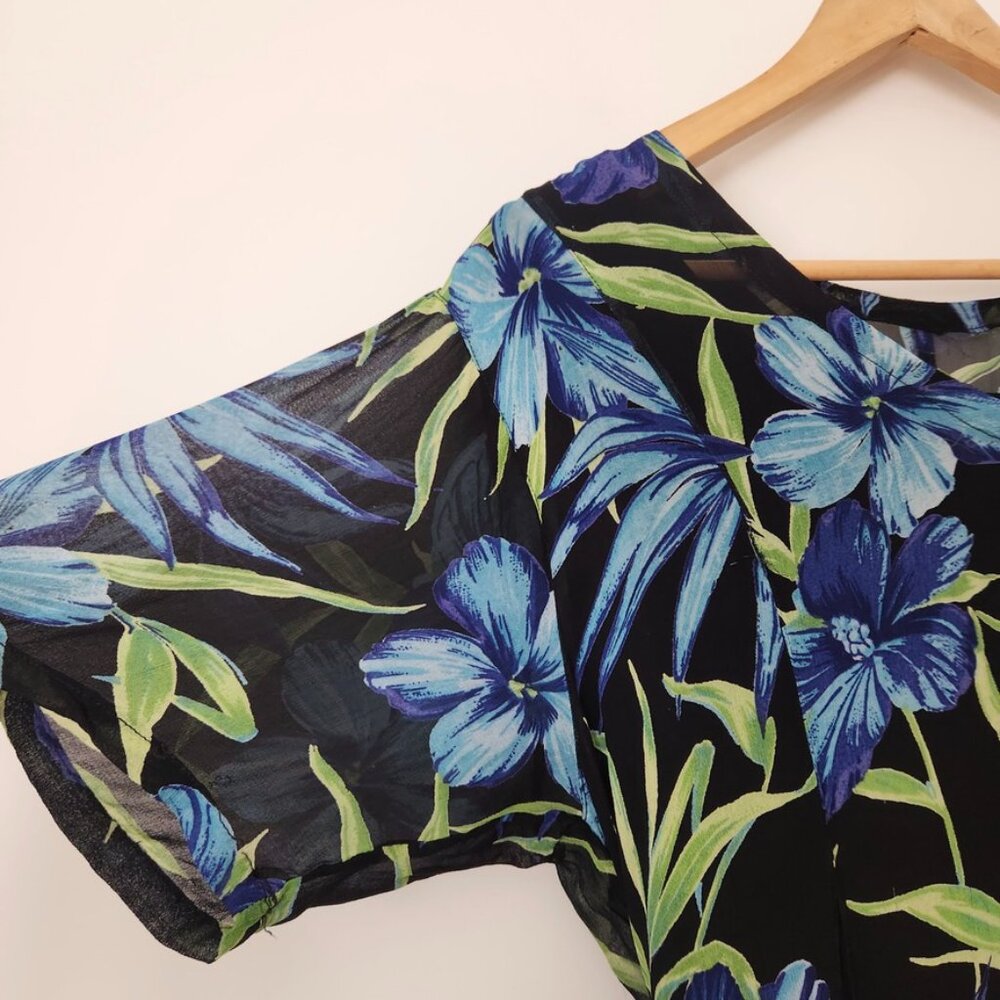 Vintage 90s Black Floral Midi Dress Crinkle Fairy Grunge Blue Lola P Medium - Picture 4 of 16